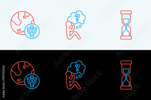Set line Old hourglass, Psychology, Psi and Head with question mark icon. Vector