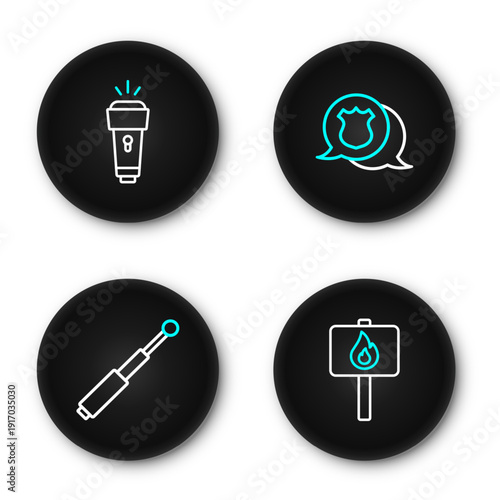 Set line Protest, Telescopic baton, Police badge and Flashlight icon. Vector