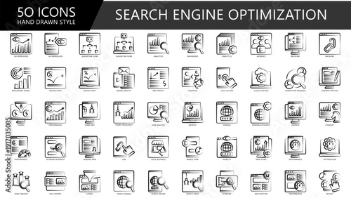 Search Engine Optimization hand drawn icon pack. contain ads, algorithm, analytics, audience, target, rate, brand identity, web traffic and more. Vector EPS 10 for UI, UX kit, web and app development