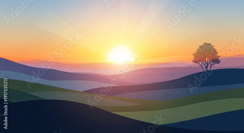 New Beginning Concept with Sunrise Over Abstract Landscape and Hopeful Mood