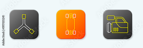 Set line Skateboard Y-tool, Longboard or skateboard and Cinema camera icon. Vector