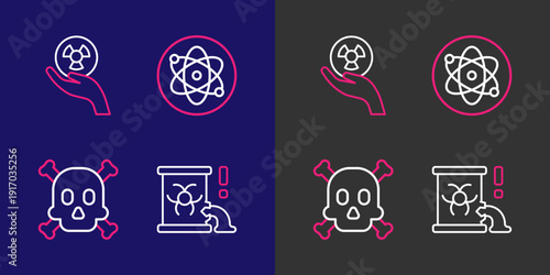 Set line Radioactive waste in barrel, Bones and skull warning, Atom and icon. Vector