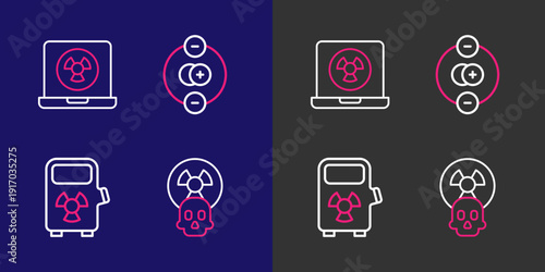 Set line Radioactive, Electric car charging station, Atom and Nuclear laptop icon. Vector