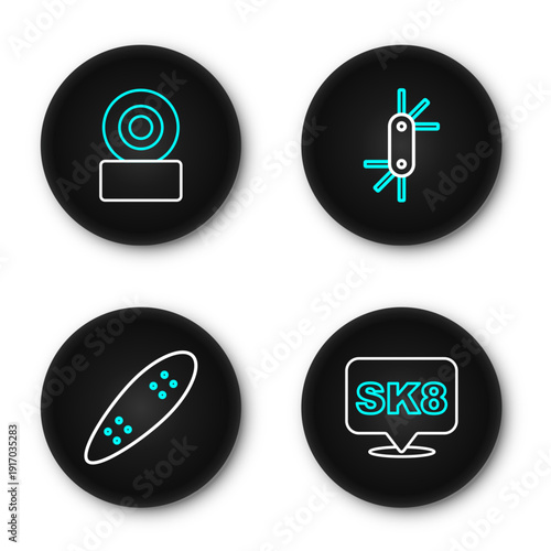 Set line Skateboard, Longboard or skateboard, Tool allen keys and wheel icon. Vector