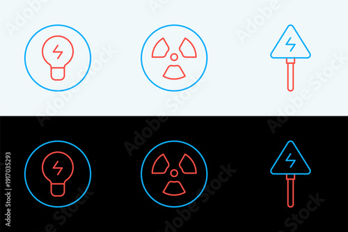 Set line High voltage sign, Light bulb with concept of idea and Radioactive icon. Vector