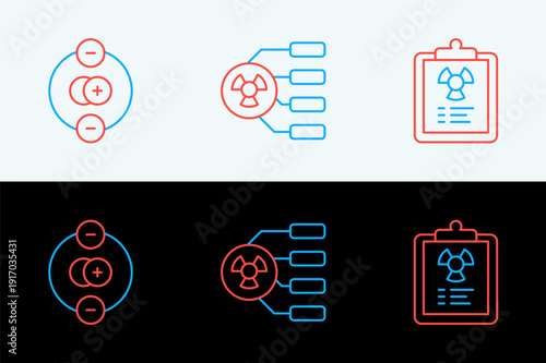 Set line Radiation warning document, Atom and Radioactive icon. Vector