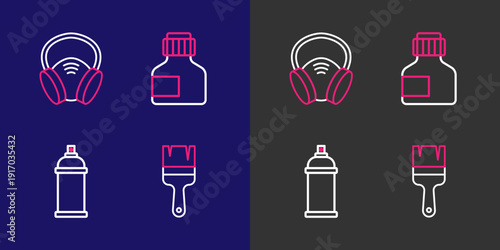 Set line Paint brush, spray can, Paint, gouache, jar, dye and Gas mask icon. Vector