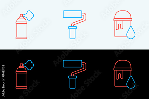 Set line Paint bucket, spray can and roller brush icon. Vector