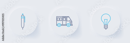 Set line Light bulb with concept of idea, School Bus and Pen icon. Vector