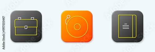 Set line School backpack, Ringing alarm bell and Spiral notebook icon. Vector