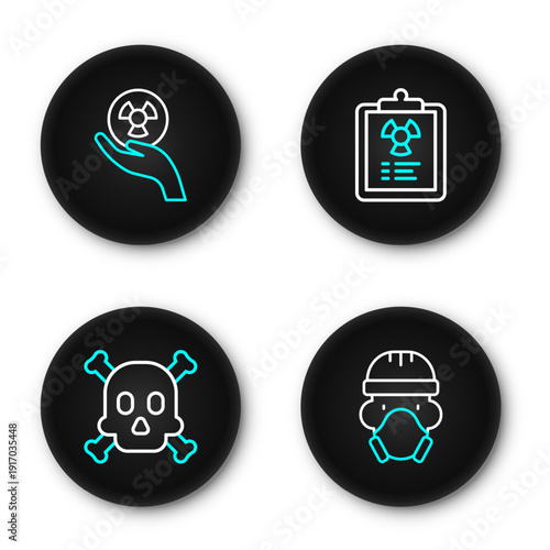 Set line Nuclear reactor worker, Bones and skull warning, Radiation document and Radioactive icon. Vector