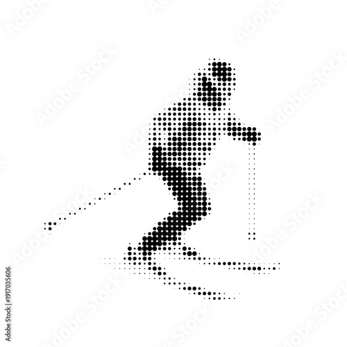 Vector halftone illustration of ski lift, stylized with dotted texture, black and white graphic design, isolated on white background, winter sport, minimalistic retro style, comic.