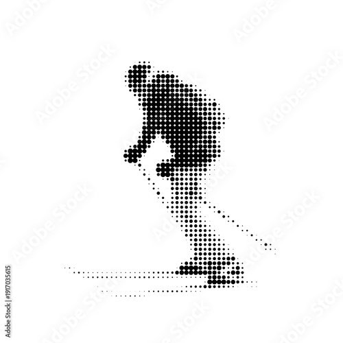 Vector halftone illustration of ski lift, stylized with dotted texture, black and white graphic design, isolated on white background, winter sport, minimalistic retro style, comic.
