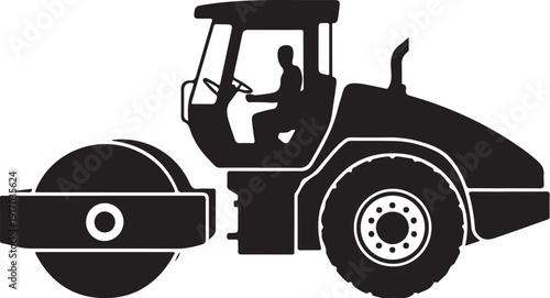 Black and white road roller machine with operator silhouette