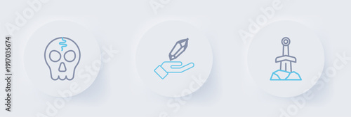 Set line Sword in the stone, Magic and Skull icon. Vector