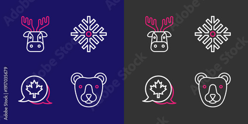 Set line Bear head, Canadian maple leaf, Snowflake and Deer with antlers icon. Vector