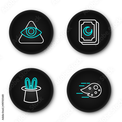 Set line Fireball, Magician hat and rabbit ears, Tarot cards and All-seeing eye of God icon. Vector