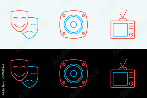 Set line Retro tv, Comedy and tragedy masks and Stereo speaker icon. Vector