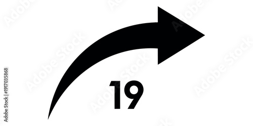 Black curved arrow pointing right with number 19 below it right pointing arrow directional arrow numeric symbol