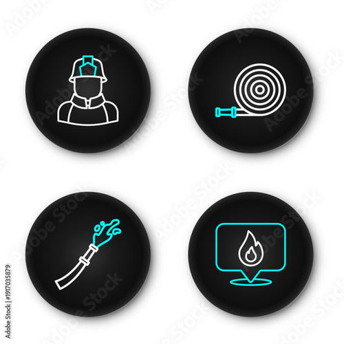 Set line Location with fire flame, Fire hose reel, and Firefighter icon. Vector