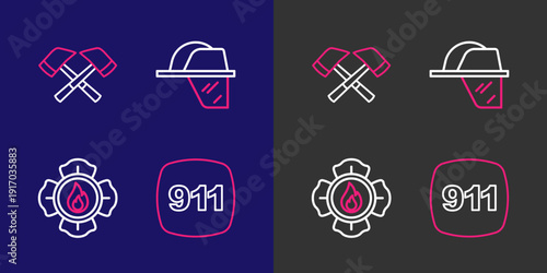 Set line Emergency call 911, Firefighter, helmet and axe icon. Vector