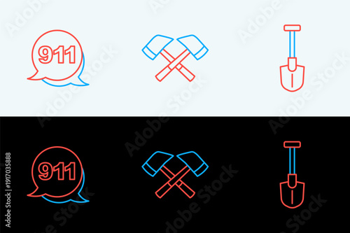 Set line Fire shovel, Emergency call 911 and Firefighter axe icon. Vector