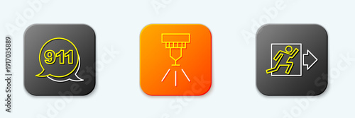 Set line Emergency call 911, Fire sprinkler system and exit icon. Vector