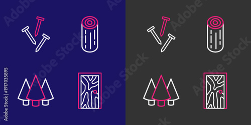 Set line Closed door, Christmas tree, Wooden logs and Metallic nails icon. Vector