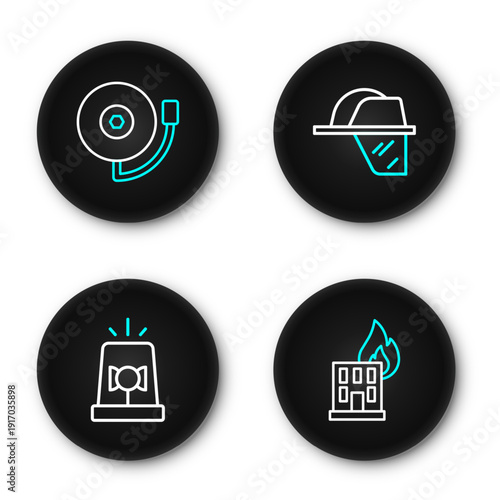 Set line Fire in burning building, Flasher siren, Firefighter helmet and Ringing alarm bell icon. Vector