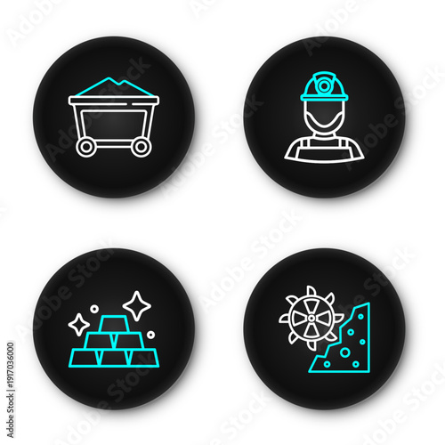 Set line Bucket wheel excavator, Gold bars, Miner in helmet and coal trolley icon. Vector