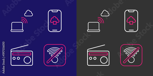 Set line No Wi-Fi wireless internet, Radio, Cloud technology data and Network cloud connection icon. Vector