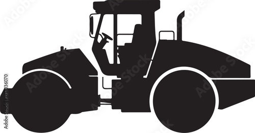 Black and white silhouette of a tractor with a driver