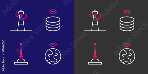 Set line Global technology, Antenna, Smart data server and Satellite dish icon. Vector