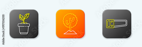 Set line Plant in pot, Tree and Hand saw icon. Vector