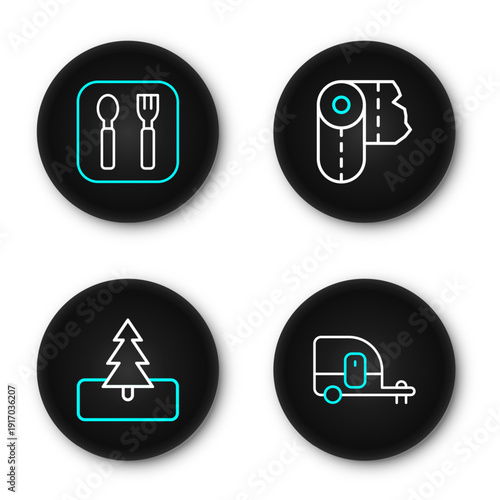 Set line Rv Camping trailer, Tree, Paper towel roll and Fork and spoon icon. Vector