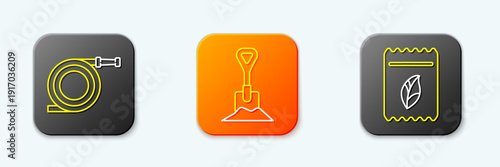 Set line Garden hose or fire hose, Shovel in the ground and Pack full of seeds of plant icon. Vector