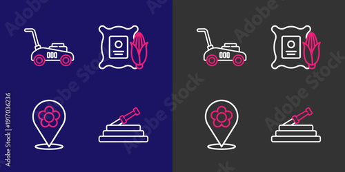 Set line Garden hose or fire hose, Location with flower, Corn in the sack and Lawn mower icon. Vector