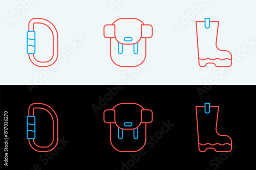 Set line Waterproof rubber boot, Carabiner and Hiking backpack icon. Vector