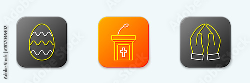 Set line Easter egg, Church sermon tribune and Hands in praying position icon. Vector