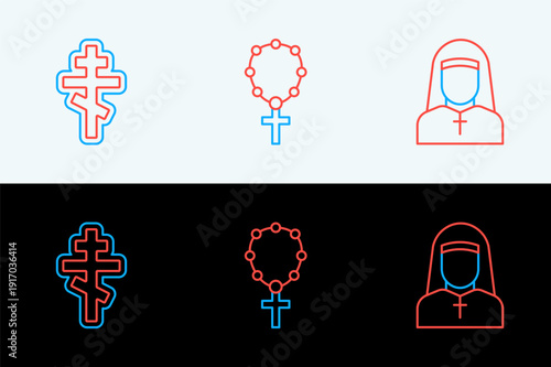 Set line Nun, Christian cross and Rosary beads religion icon. Vector