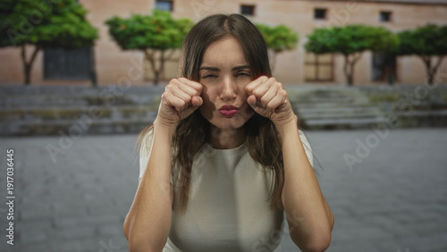 Foto Young woman makes crying gesture showing face and fists near eyes on street steps in front of a building plaza, wearing white top and casual posture; sadness