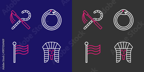 Set line Egyptian pharaoh, Flag Of, Magic symbol of Ouroboros and Crook and flail icon. Vector