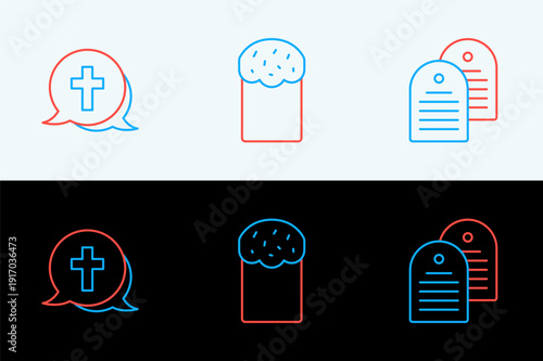 Set line Holy bible book, Christian cross and Easter cake icon. Vector