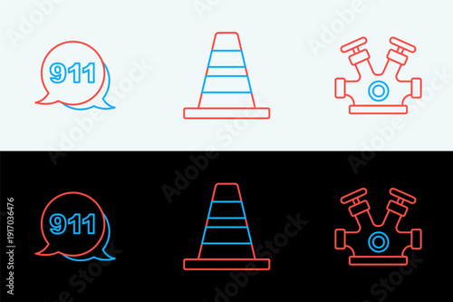 Set line Fire hydrant, truck and Traffic cone icon. Vector