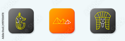 Set line Egyptian anubis, pyramids and pharaoh icon. Vector