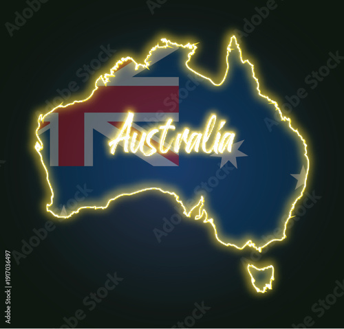 Australia map silhouette with australian flag colors and neon glow effect
