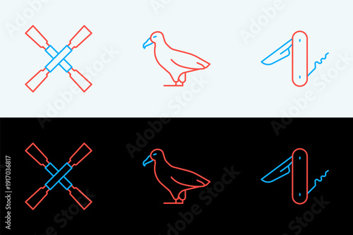 Set line Swiss army knife, Oars or paddles boat and Albatross icon. Vector