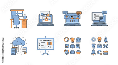 Set of flat design icons for business and technology concepts including remote work and task management