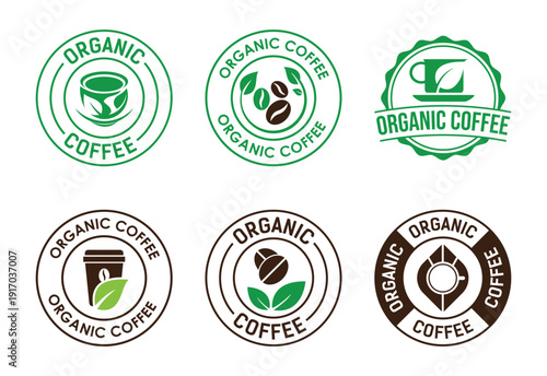 Organic coffee logo badge set with green and brown leaves and roasted bean icons