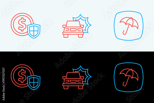 Set line Umbrella, Money with shield and Car accident icon. Vector